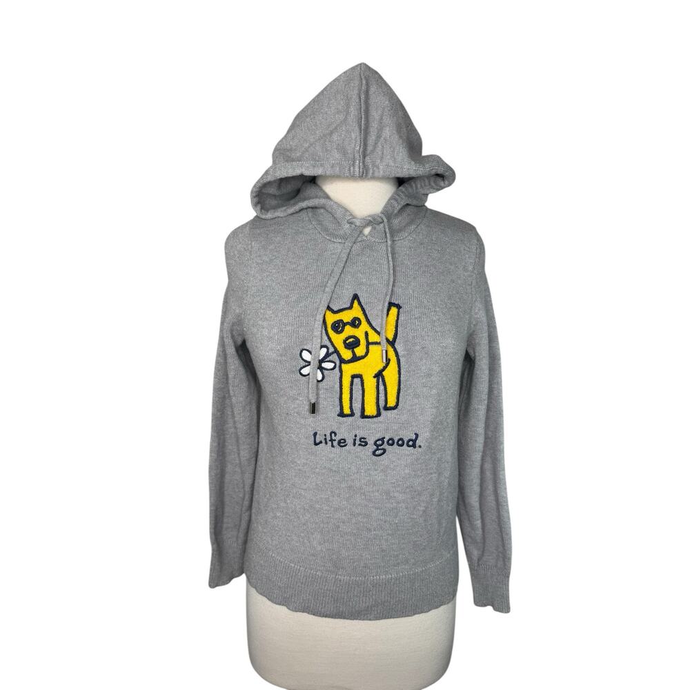LIFE IS GOOD Yellow Daisy Dog Gray Hooded Sweater Size Small Womens Pullover